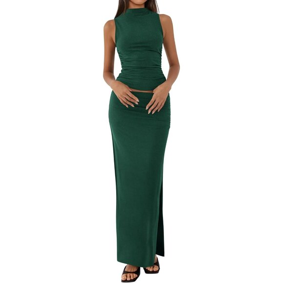 Dresses & Skirts - Womens Dark Green Two Piece Sets Going Mock Neck Sleeveless Knit Tops Maxi Skirt